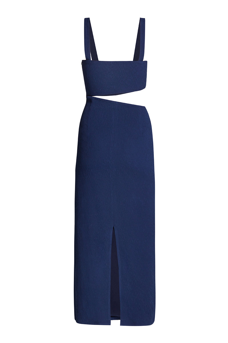 Nara Niro cut-out navy maxi dress with stylish side cutouts and flowy fabric, perfect for elegant summer occasions.