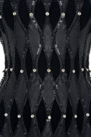 Black strapless gown with stone embellishments and scarf detail, floor-length dress by Happy Clothing.
