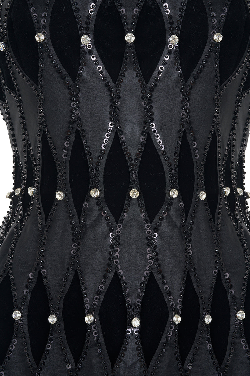 Black strapless gown with stone embellishments and scarf detail, floor-length dress by Happy Clothing.