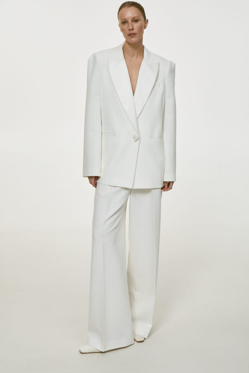 White satin lapel jacket by DELEGAN, stylish men's jacket featuring smooth satin fabric and tailored fit.
