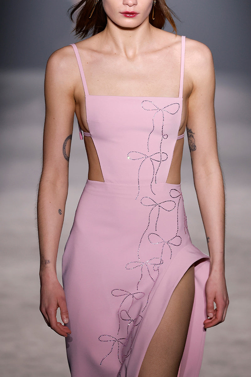 PINK BOW CRYSTALS LONG DRESS - CULT MIA