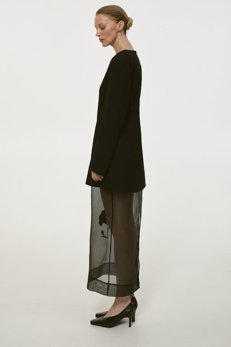 Black bluedot embroidered organza maxi dress by Delegan featuring intricate embroidery and flowing fabric.