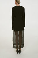 Black bluedot embroidered organza maxi dress by DELEGAN, flowing fabric with intricate embroidery, stylish evening wear.
