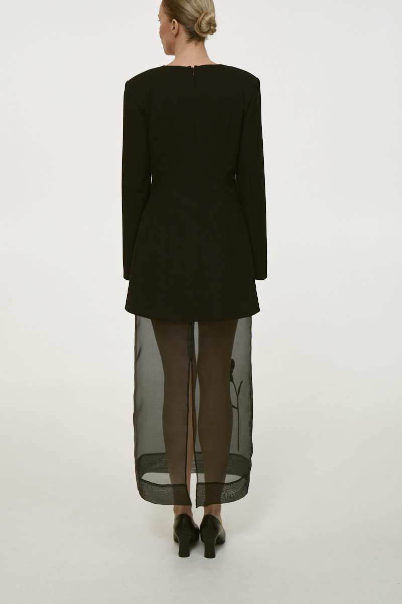 Black bluedot embroidered organza maxi dress by DELEGAN, flowing fabric with intricate embroidery, stylish evening wear.