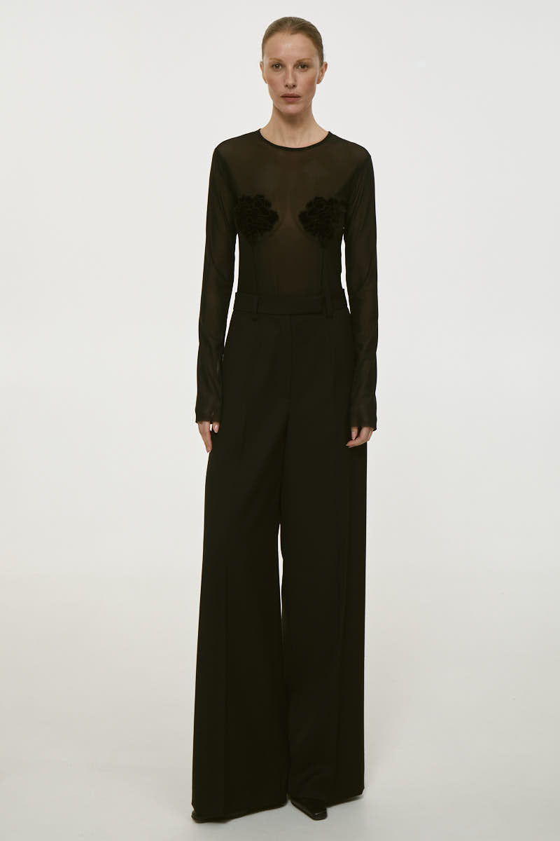 BLACK LONG SLEEVE EMBROIDERED TOP - CULT MIA