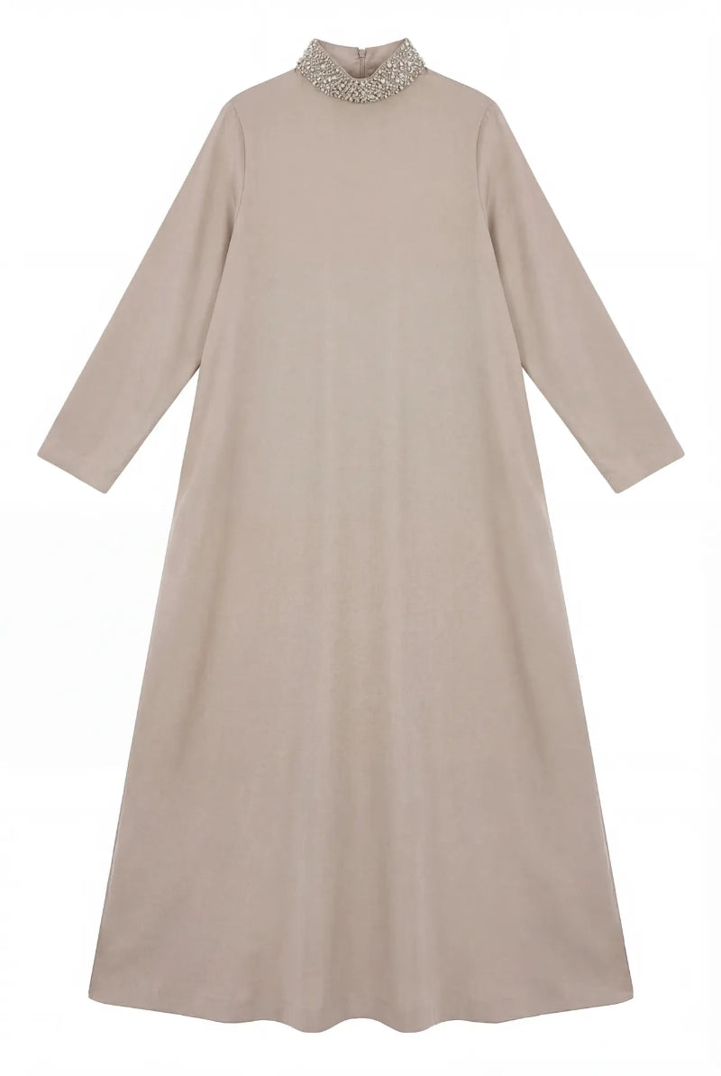 Shatha Essa crystal embellished collar detail maxi dress featuring elegant design and flowing fabric, perfect for formal occasions.