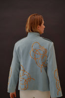 Nadya Shah Daley Denim Cargo Jacket featuring classic denim fabric, multiple cargo pockets, and a relaxed fit.