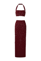 Rayane Bacha Dalya embellished halter co-ord set with intricate beadwork and stylish design, shown in the image.
