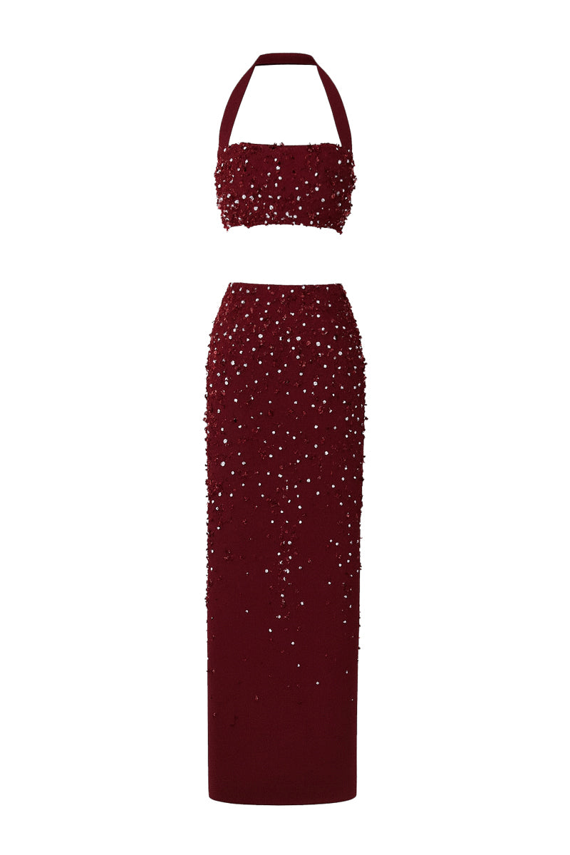 Rayane Bacha Dalya embellished halter co-ord set with intricate beadwork and stylish design, shown in the image.