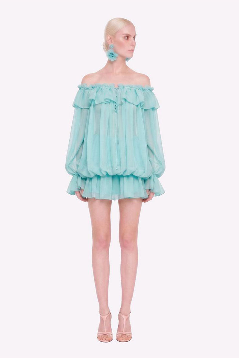 Valenciani off-shoulder mini dress styled as a scarf, featuring stylish fabric with a fashionable design and elegant details.