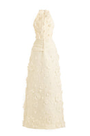 Elegant halter neck gown with floral details by Happy Clothing, featuring a flowing design and intricate flower embroidery.