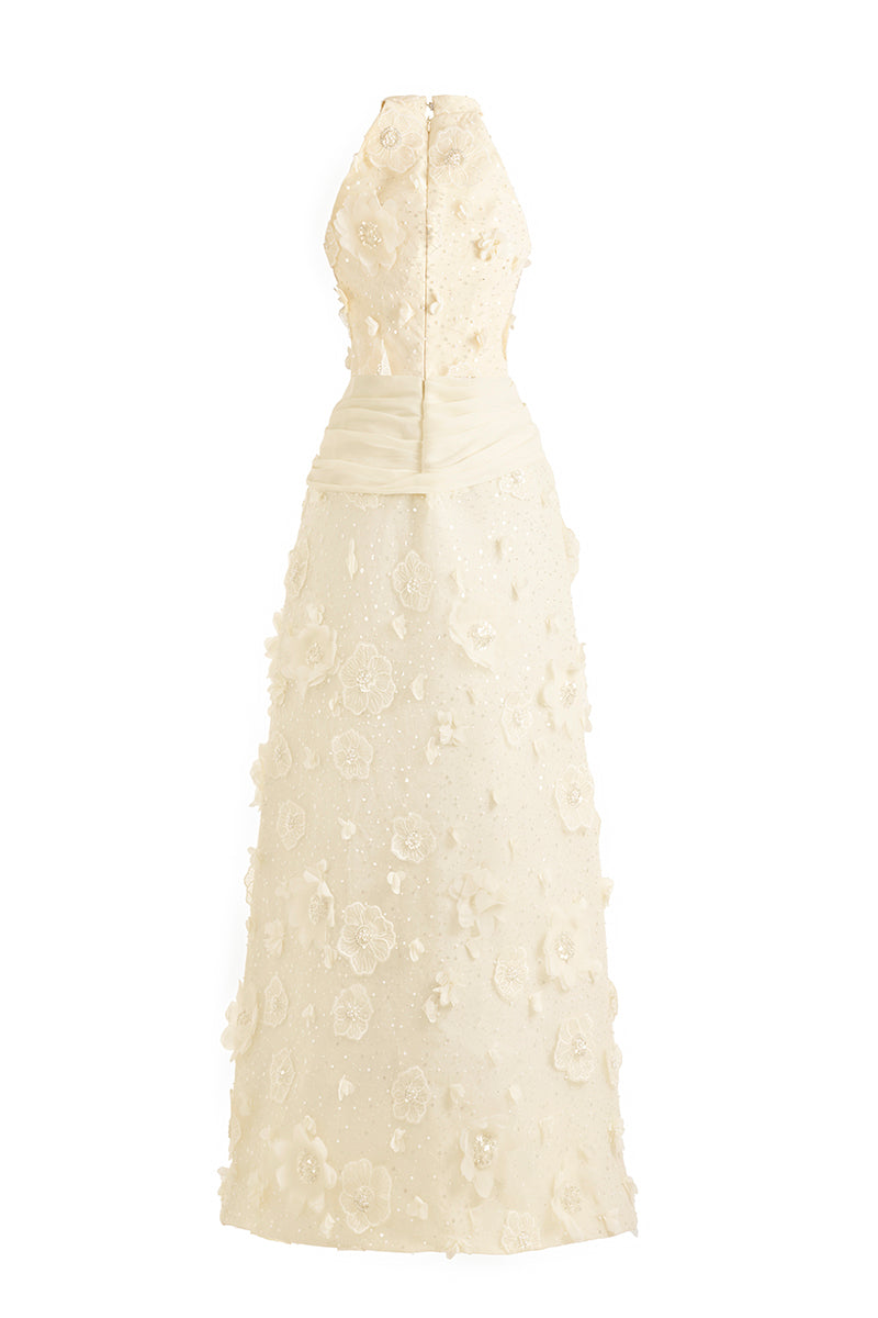 Elegant halter neck gown with floral details by Happy Clothing, featuring a flowing design and intricate flower embroidery.