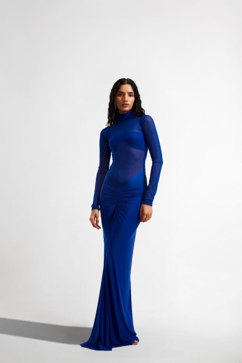 ELISE ELETRIC BLUE FITTED RUCHED MAXI DRESS | Deme By Gabriella | CULT MIA