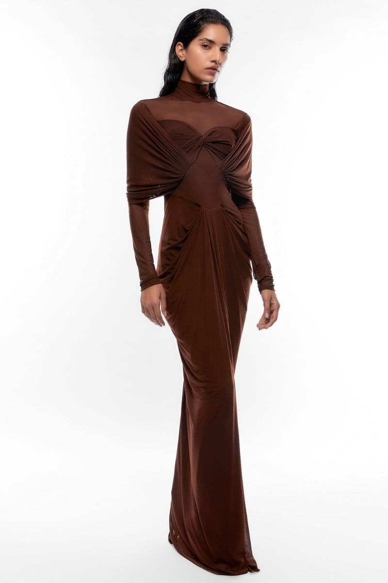 BROWN DRAPED FULL SLEEVES NET DRAPED GOWN | Deme By Gabriella | CULT MIA