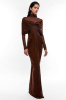 Chocolate brown Deme By Gabriella Kenny Brown draped full-sleeves net gown, elegant maxi dress with intricate draping details.