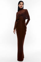 Chocolate brown Deme By Gabriella Kenny Brown draped full-sleeve net gown, elegant maxi dress with intricate draping details.