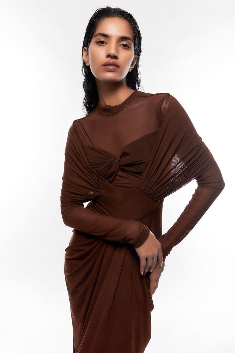KENNY BROWN DRAPED FULL SLEEVES NET DRAPED GOWN | CULT MIA | Deme By Gabriella KENNY BROWN DRAPED FULL SLEEVES NET DRAPED GOWN | CULT MIA | Deme By Gabriella
