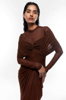 Chocolate brown KENNY BROWN draped full-sleeve net gown by Deme By Gabriella, showcasing elegant draping and full-length design.