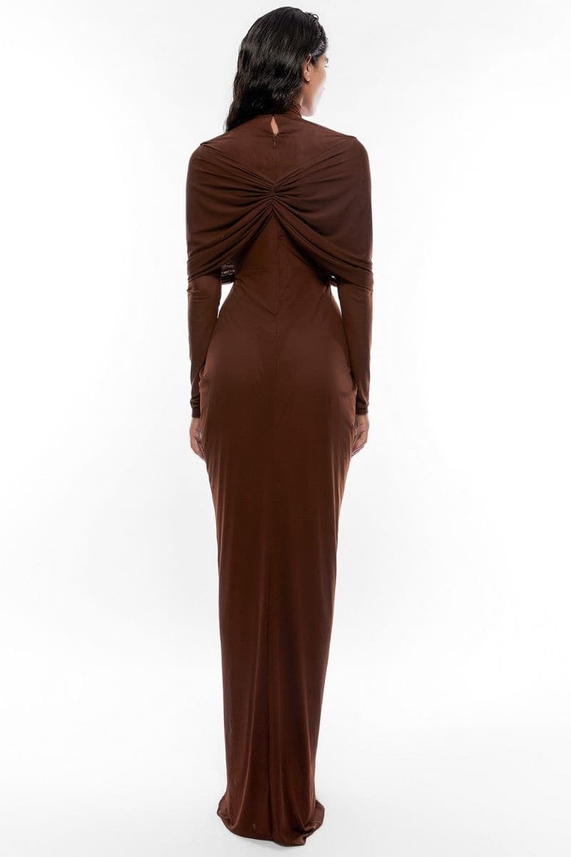 BROWN DRAPED FULL SLEEVES NET DRAPED GOWN | Deme By Gabriella | CULT MIA