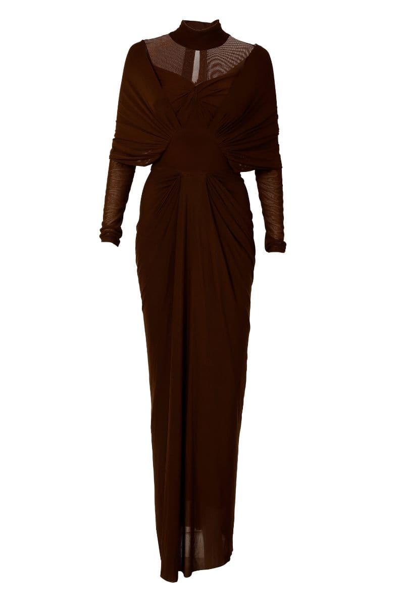 BROWN DRAPED FULL SLEEVES NET DRAPED GOWN | Deme By Gabriella | CULT MIA