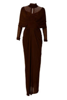 Chocolate brown Deme By Gabriella Kenny Brown draped full-sleeve net gown, elegant maxi dress with a sophisticated design.
