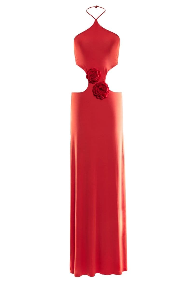 SYLVIE RED CUT-OUT MAXI DRESS WITH CROCHET FLOWER DETAILING | Deme By Gabriella | CULT MIA