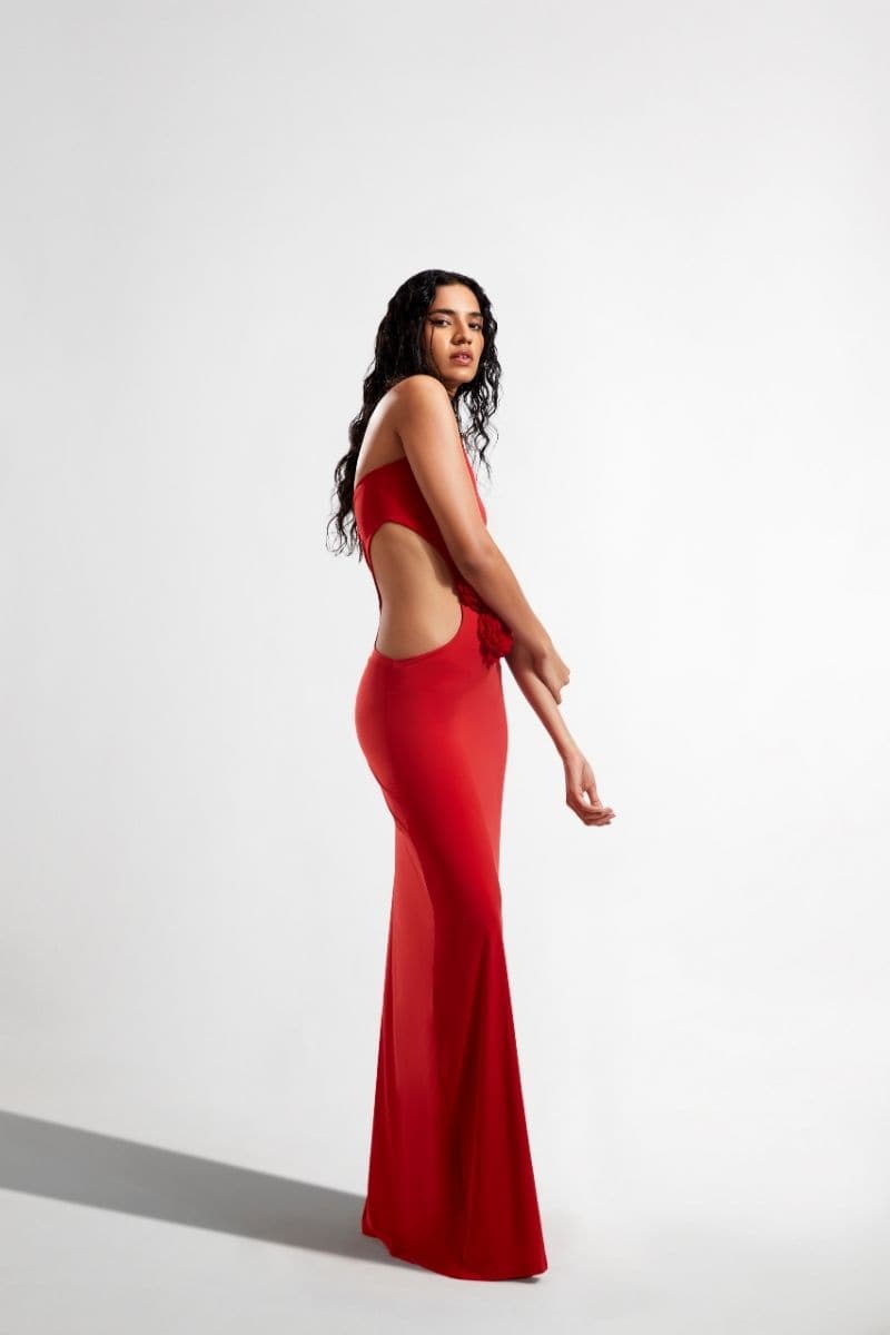 SYLVIE RED CUT-OUT MAXI DRESS WITH CROCHET FLOWER DETAILING | Deme By Gabriella | CULT MIA