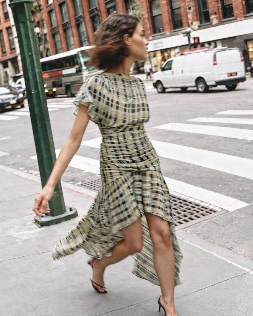 A woman walking on a city sidewalk wearing a short-sleeve, high-low hem dress with a green and beige plaid pattern. The background shows a busy urban street scene with pedestrians, cars, and buildings.
