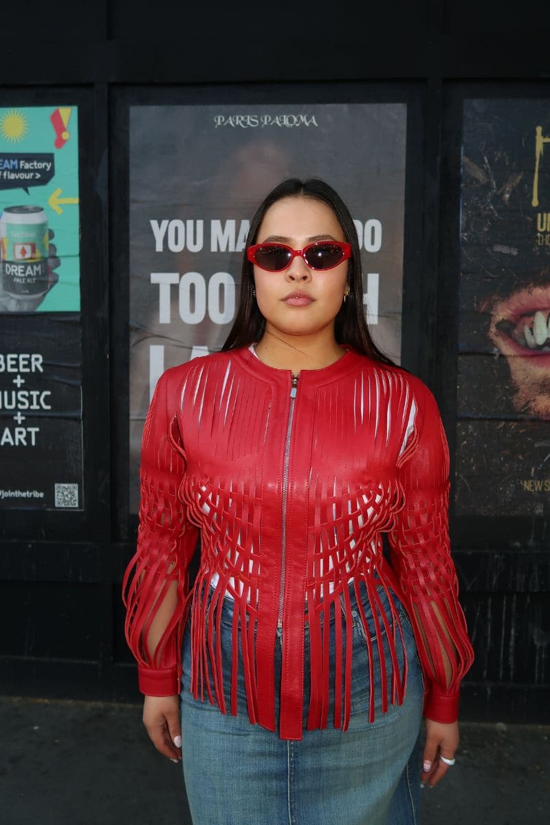 Red leather jacket from CULT MIA X Double A Attalea collection, featuring a stylish design and vibrant red color.