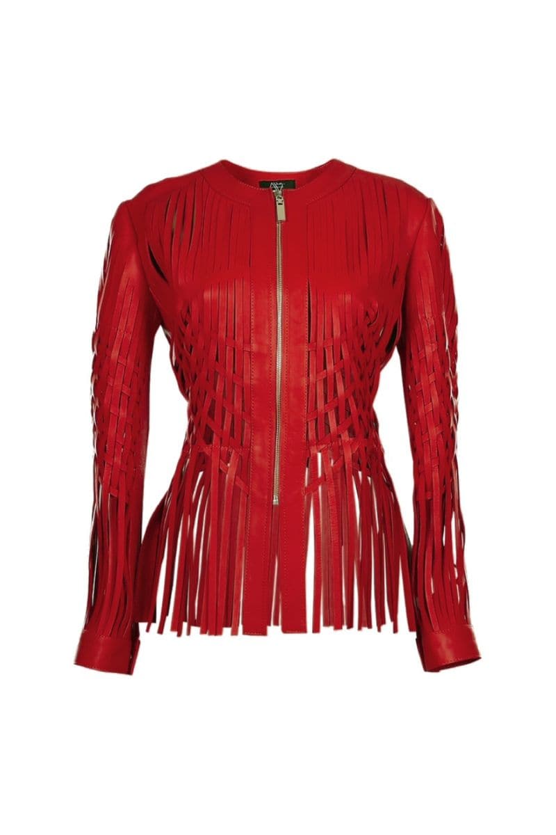 Red leather jacket from Double A's CULT MIA X collection, featuring a stylish fit and bold design in XS size.