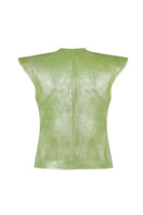 Electric lime green Ausborn leather vest by Double A, shown on a mannequin, featuring a sleek design and smooth leather texture.