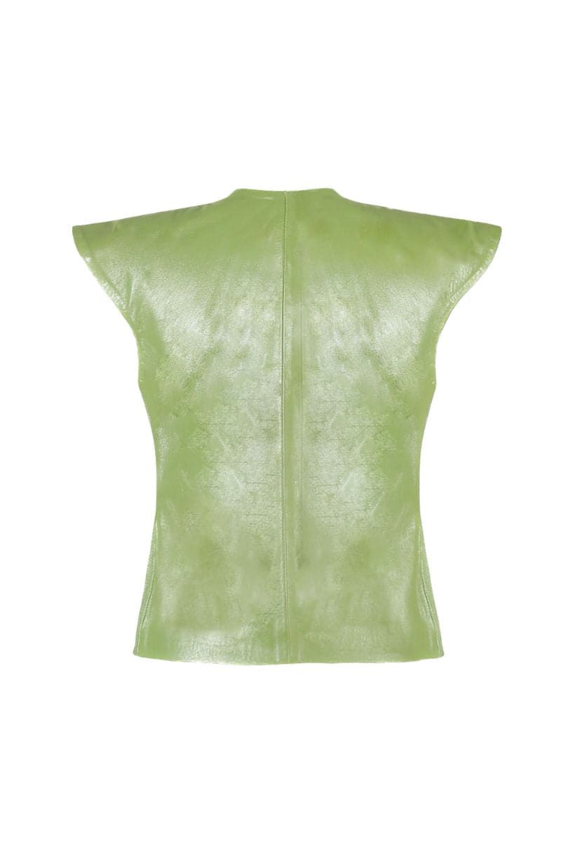 Electric lime green Ausborn leather vest by Double A, shown on a mannequin, featuring a sleek design and smooth leather texture.