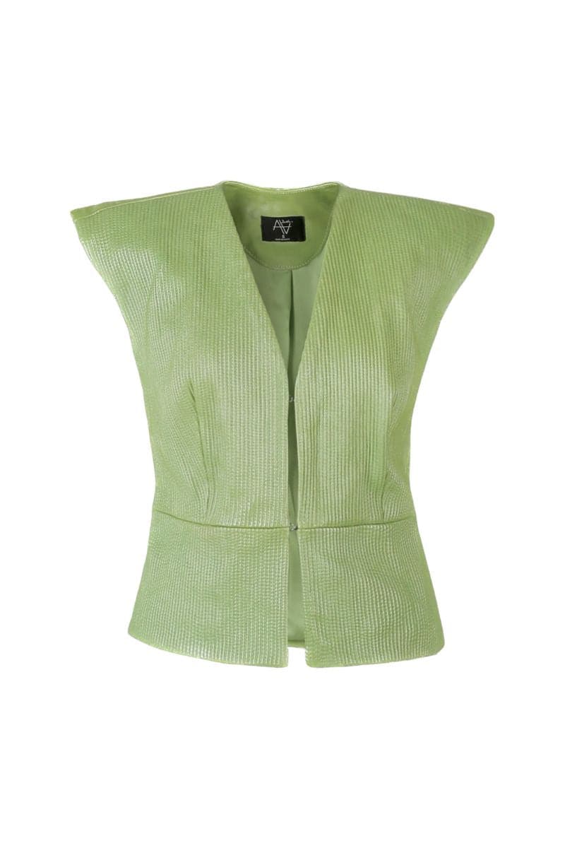 Electric lime green Ausborn leather vest by Double A, shown in XS size, with a sleek fitted design and smooth leather texture.