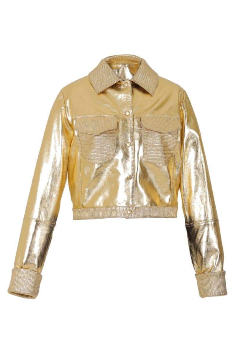 Gold Auzinnia leather jacket by Double A, stylish women's jacket with a sleek gold finish and classic design.