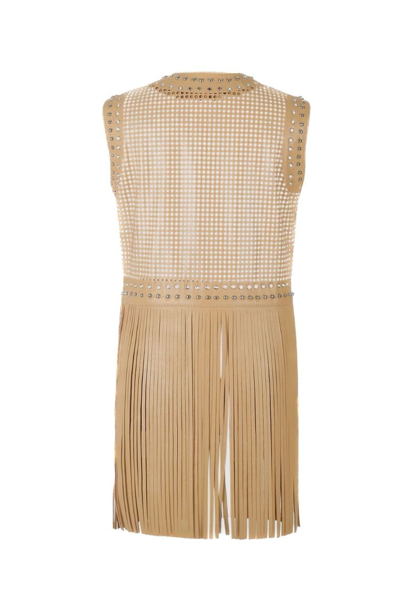Nude beige ebony studded leather vest by Double A, featuring metal stud embellishments and a fitted sleeveless design.