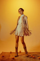 Nude beige ebony studded leather vest by Double A, showcasing a fitted sleeveless design with silver stud accents.