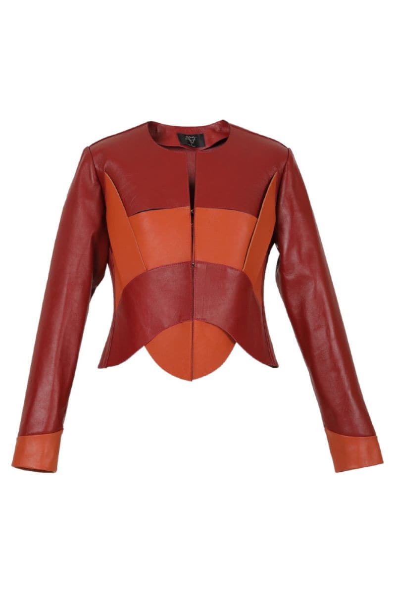 Red Double A Nox leather jacket for women, featuring a classic design and stylish fit, shown in size XS.