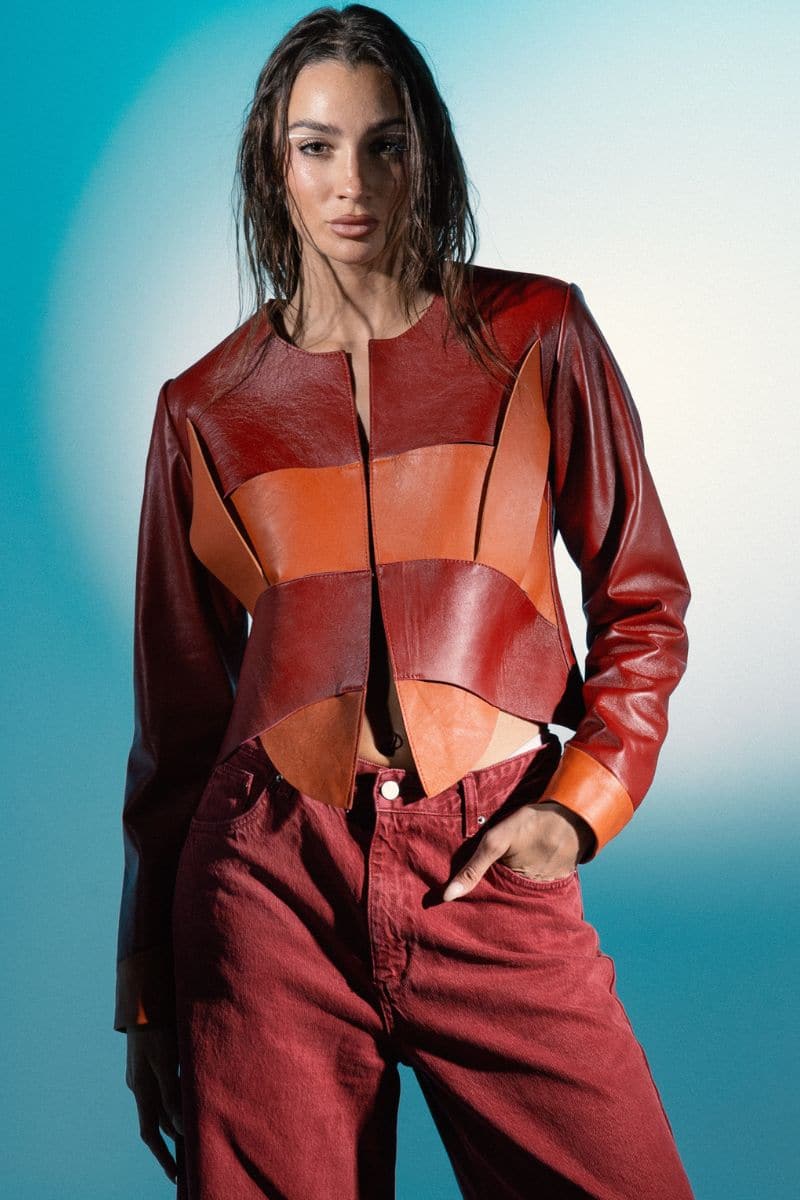 Red NoX leather jacket by Double A, showing a stylish, fitted leather jacket in vibrant red with a classic collar and zip closure.