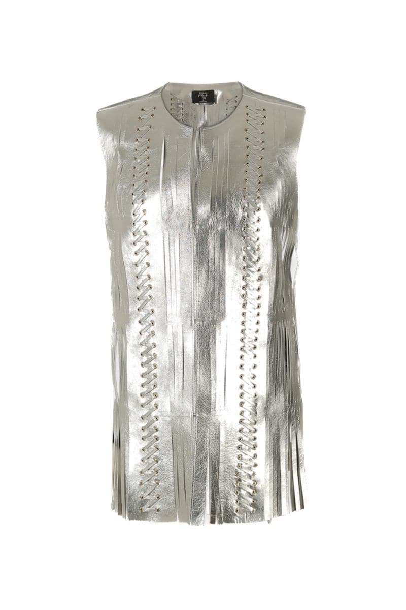 Silver Caniayla leather vest by Double A, stylish sleeveless vest with silver finish, front zipper and fitted design.