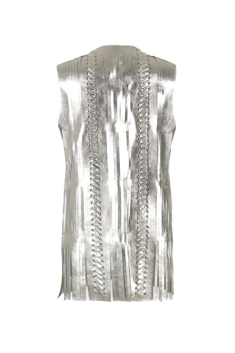 Silver Caniayla leather vest by Double A, stylish sleeveless vest with silver finish, shown in size XS.