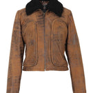 Washed brown Emery leather jacket by Double A, featuring a classic design and textured finish, shown on a hanger.