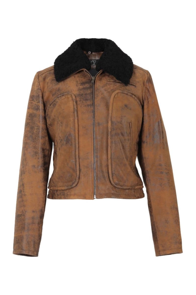Washed brown Emery leather jacket by Double A, featuring a classic design and textured finish, shown on a hanger.