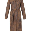 Washed brown Zinnia leather coat by Double A, stylish coat with a smooth leather finish and tailored fit, shown on a hanger.