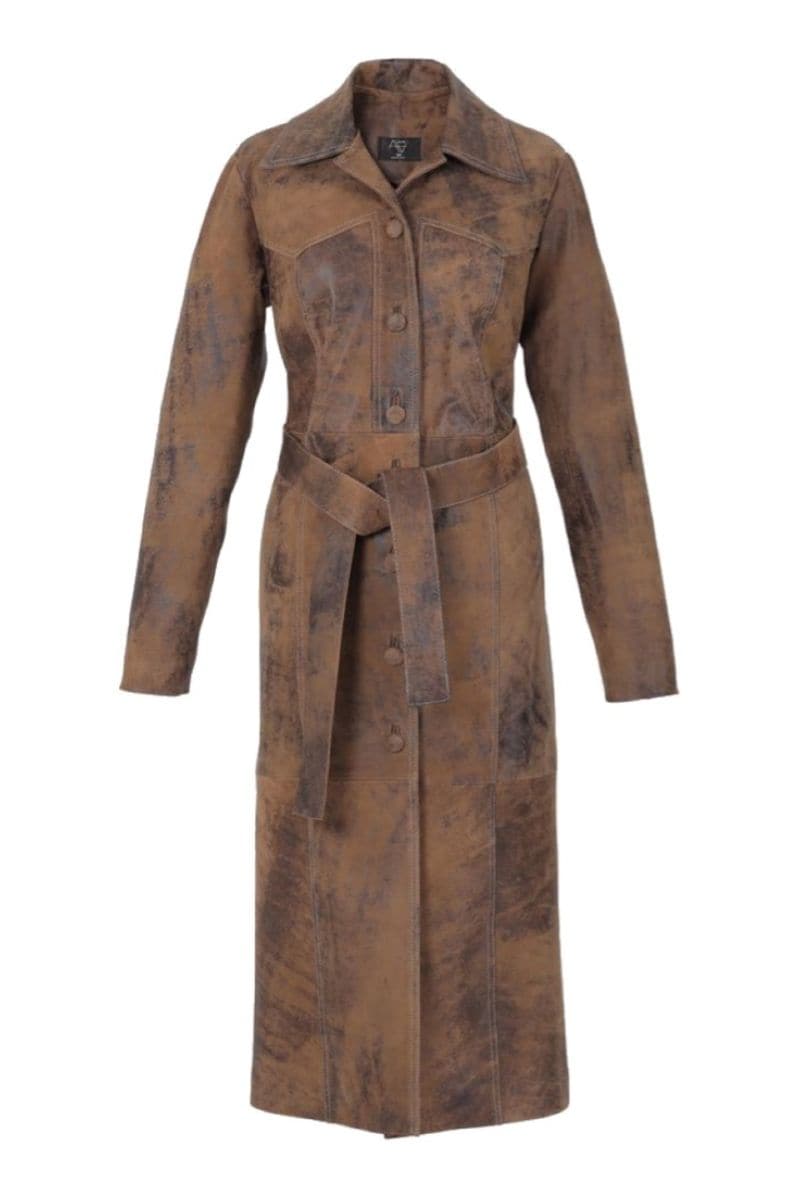 Washed brown Zinnia leather coat by Double A, stylish coat with a smooth leather finish and tailored fit, shown on a hanger.