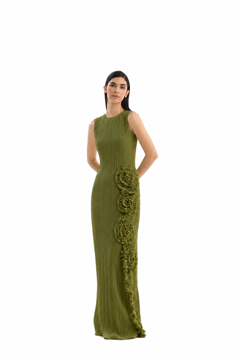 Maylé Vásquez CULT MIA X MALYÉ VÁSQUEZ Costa Clara green maxi dress with flowing fabric and elegant design.