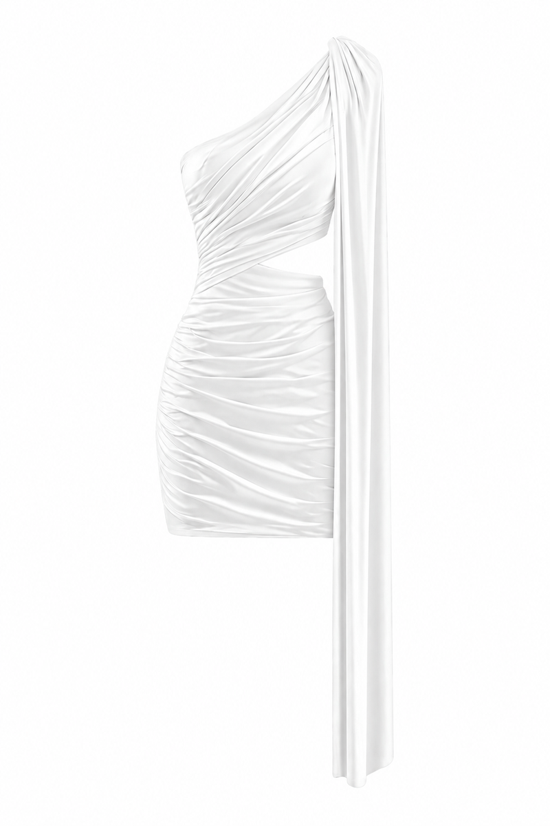 White Capella dress by Gigii's, a stylish mini skirt with a sleek and modern design, shown in a full-length image.