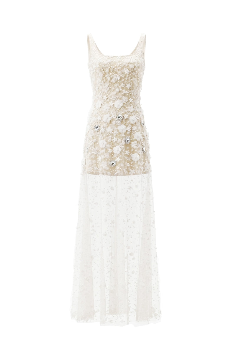 Arti Apparel ASTE maxi dress displayed from the front, featuring a flowy fabric and stylish neckline in a vibrant design.