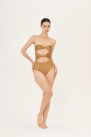 Aguaclara DUNE one-piece swimsuit in vibrant colors, featuring a stylish cut and supportive fit, displayed on a mannequin.