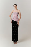 Elegant wave-embellished gown with crystal accents by Happy Clothing, featuring flowing fabric and intricate detailing.