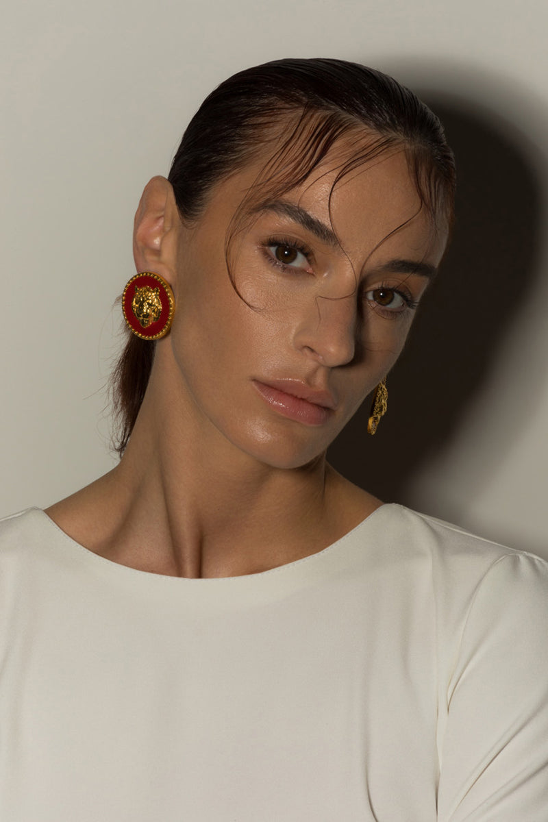 Red Lion Earrings by Natia x Lako featuring bold lion-shaped design and vibrant red color, perfect for statement jewelry.